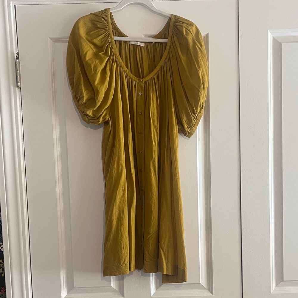 Doen Olive/Goldenrod Puff-Sleeve Button Front Mini Dress